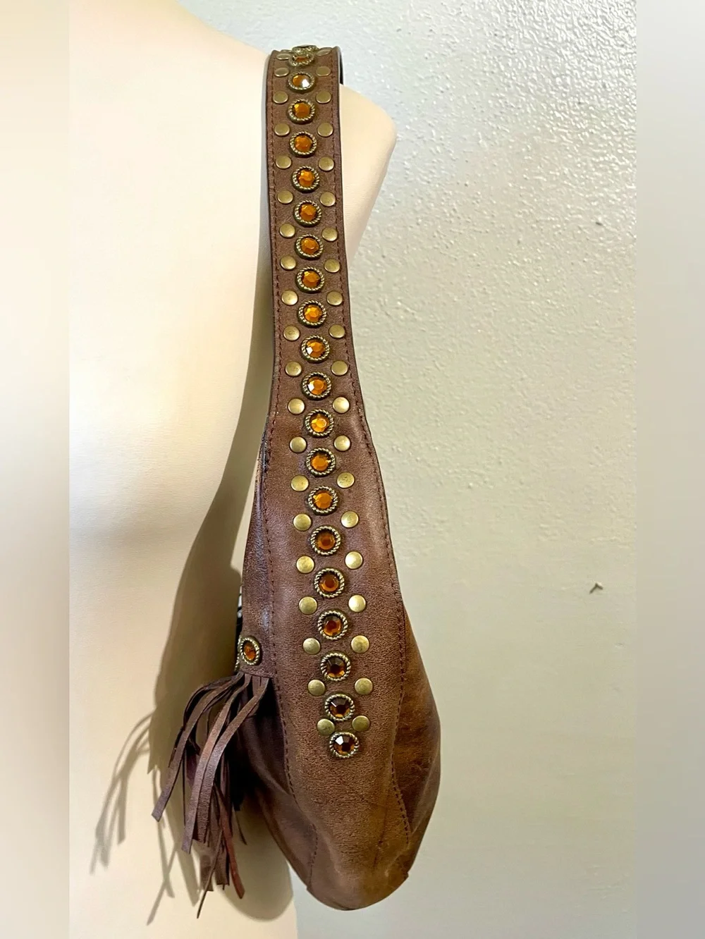 3D Belt Co Brown Leather Fringe Rhinestone Studded Hobo Bag Western NWT Purse